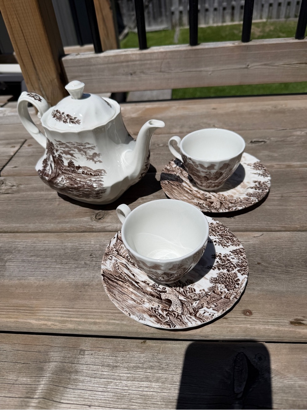 Vintage Ridgway Country Days Brown Transferware Tea Set Teapot 2 Cups 2 Saucers